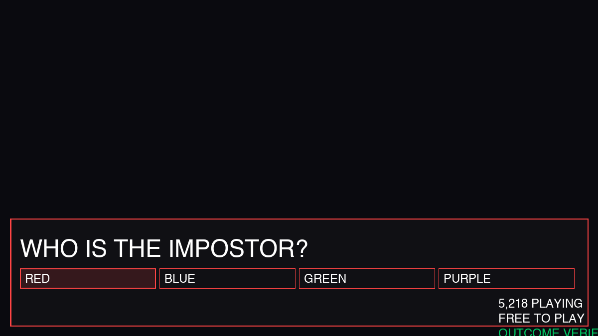 PLLAY Among Us prediction overlay on a creator livestream: Who is the Impostor? Red, Blue, Green, Purple. 5,218 playing. Free to play. Outcome verified.