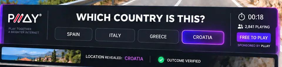 PLLAY prediction overlay on a geography livestream: Which country is this? Spain, Italy, Greece, Croatia. 2,841 playing. Free to play, sponsored by PLLAY. Location revealed: Croatia. Outcome verified.
