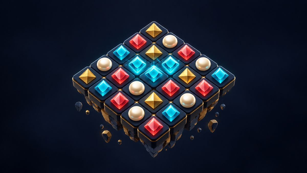 Illustration: a floating puzzle board of navy tiles with cyan, red, gold and pearl gems and a glowing cyan match.