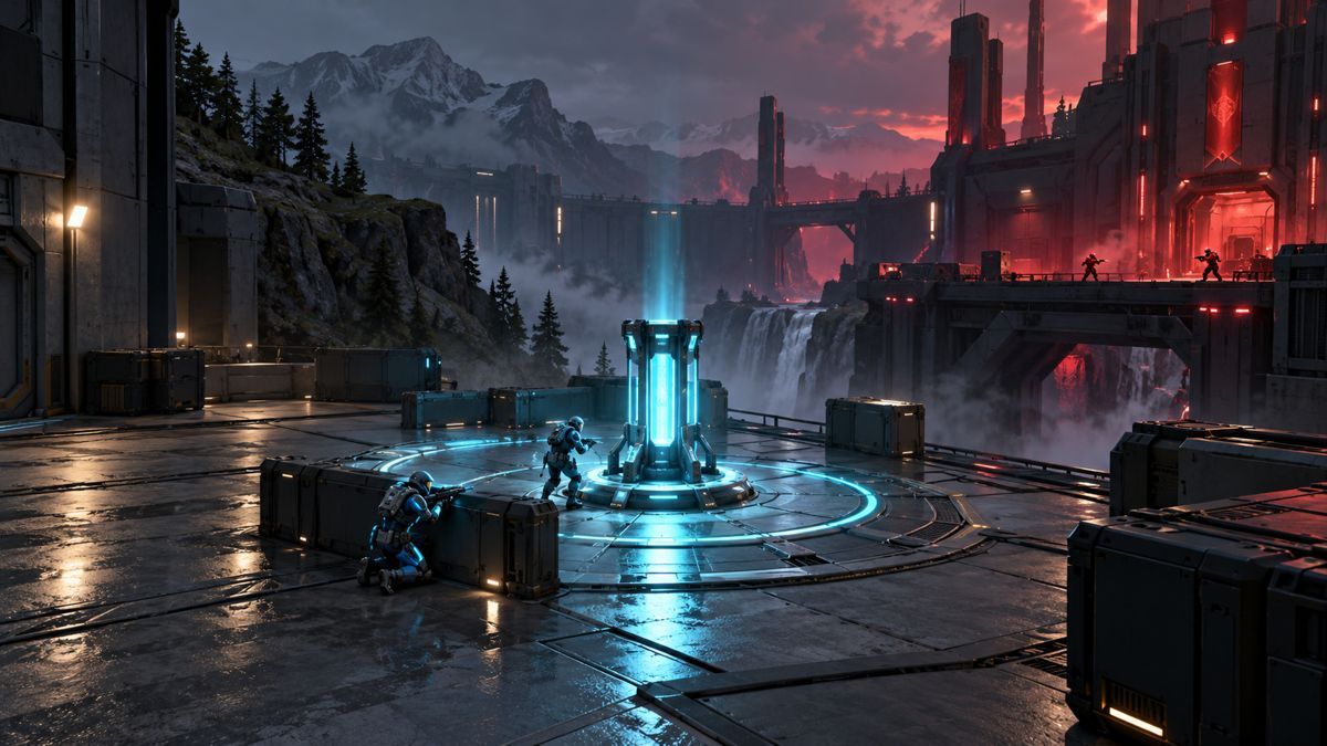 Illustration: two armored players secure a glowing cyan objective beacon in an industrial courtyard.